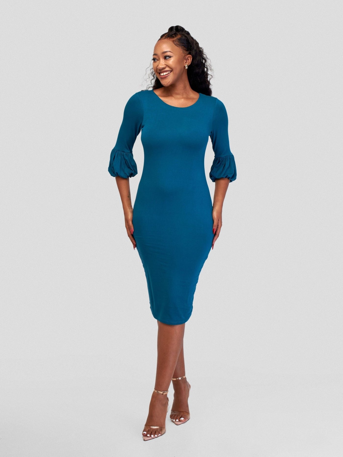 Vivo Basic Puff Sleeved Bodycon - Dark Teal - Shopzetu