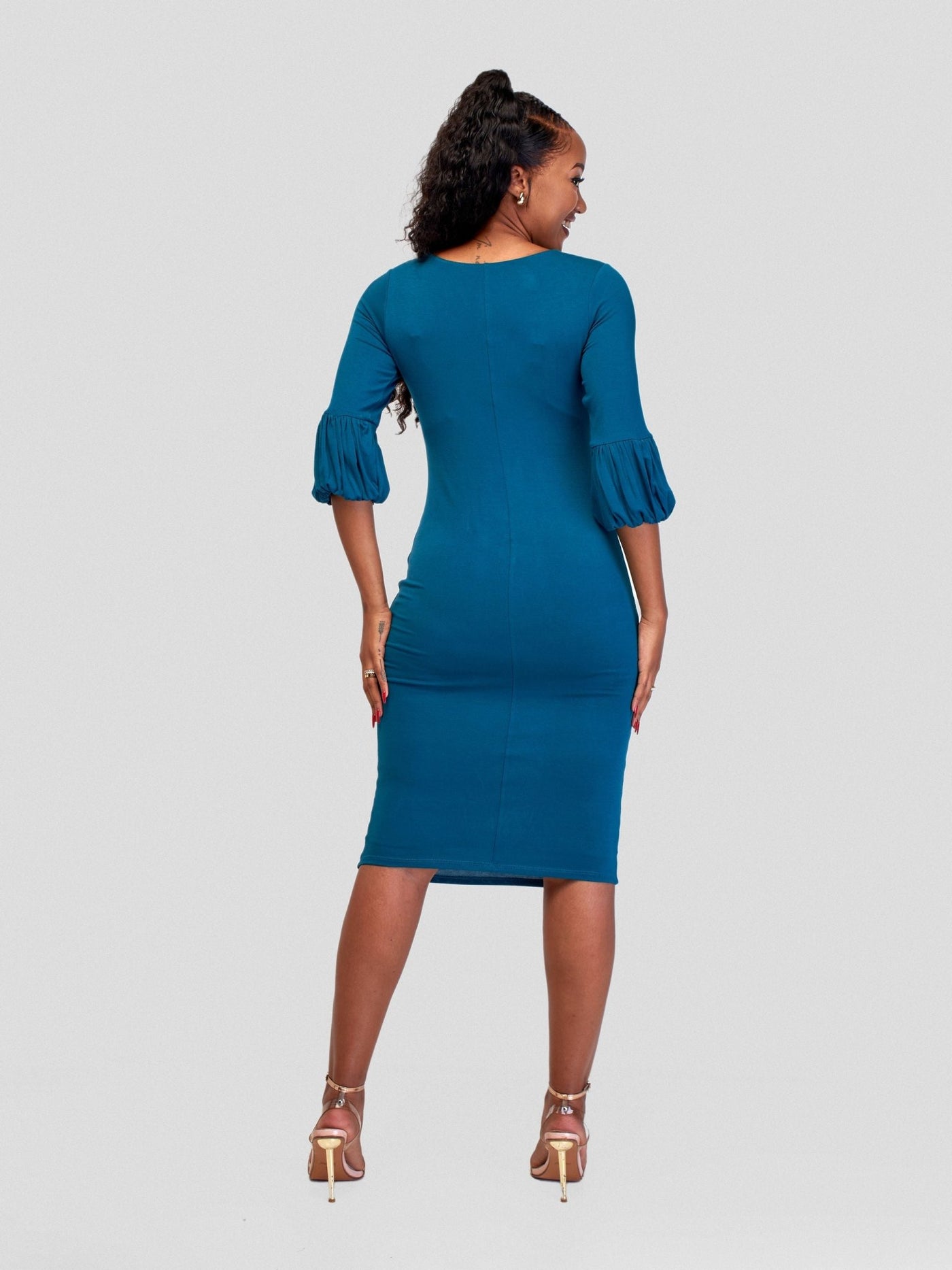 Vivo Basic Puff Sleeved Bodycon - Dark Teal - Shopzetu