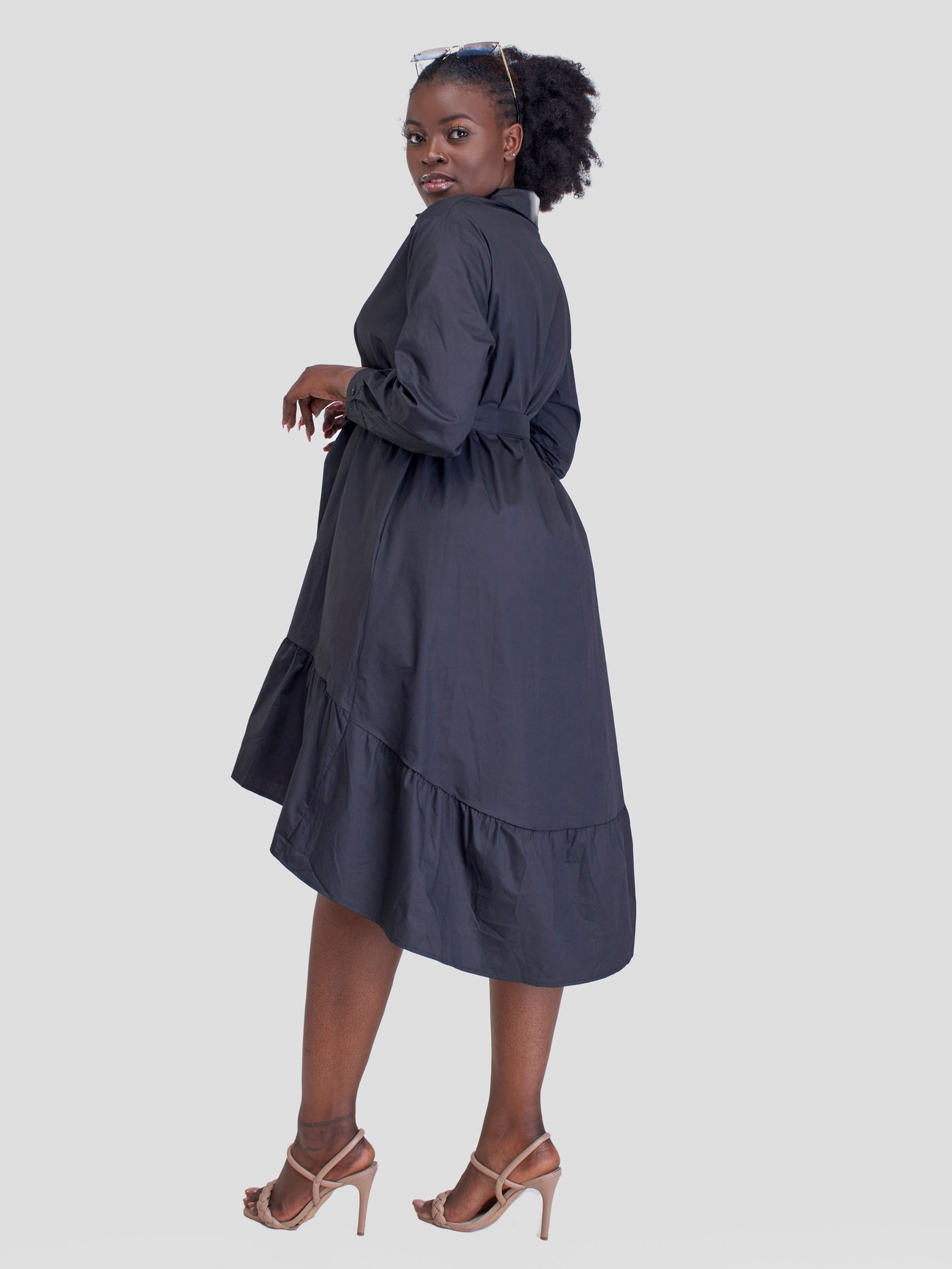 Alara Long Sleeve Shirt Dress with Belt - Black