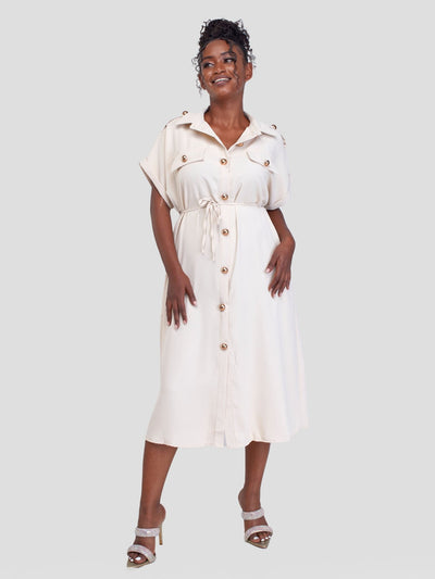 Alara Button Down S/Sleeved With Double Pockets Cargo Like Dress - Cream - Shopzetu