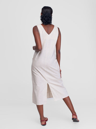 Alara Long A-Line Sleeveless Dress With Double Pockets - Beige