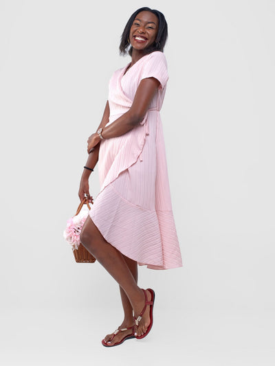 Alara Ruffle Trim Tie Side Wrap Dress - Light Pink - Shopzetu