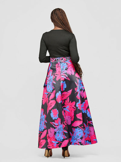 Tuli Lebo Maxi Asymmetrical Skirt - Blue / Pink Print - Shopzetu