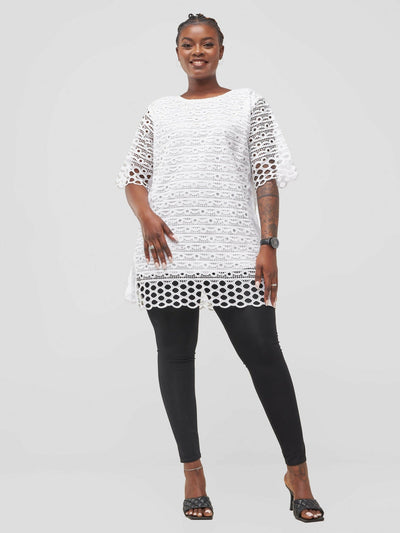 Afafla Cotton Lace Tunic Top - White - Shopzetu
