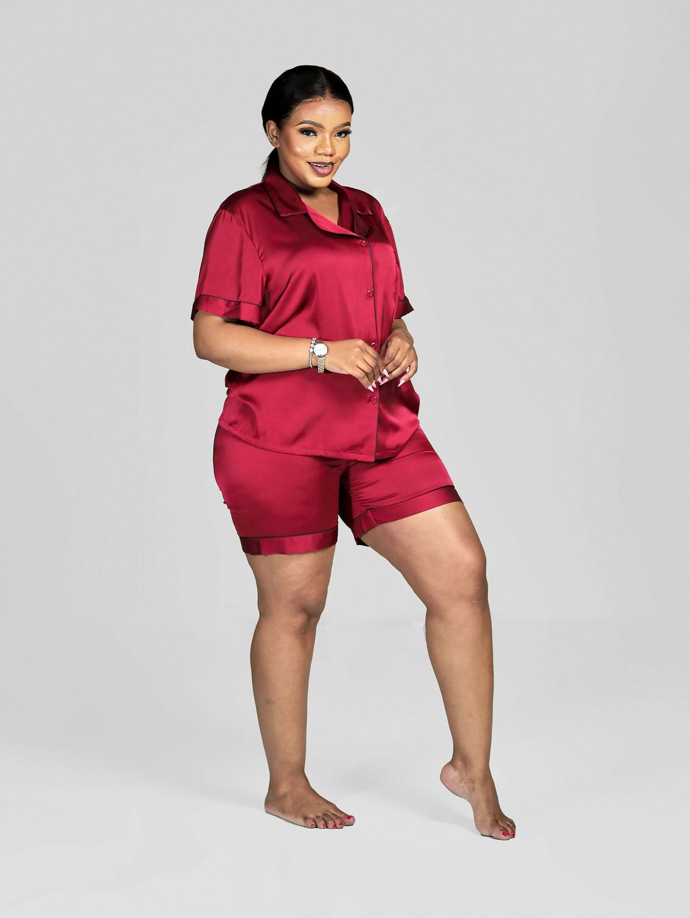 Silk Pajama Short Set - Maroon - Shopzetu