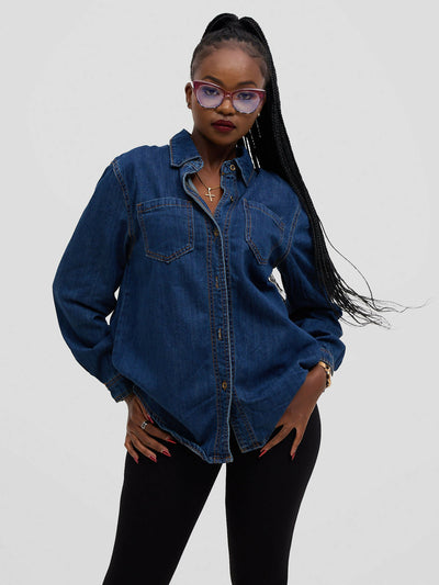 Stylish Sisters Denim Shirt - Navy Blue - Shopzetu