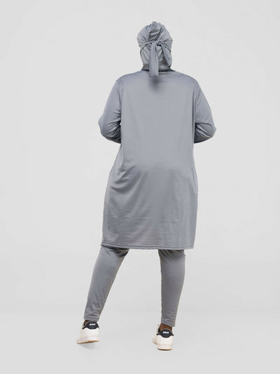 Zaiba Creations Modest Workout Hooded Tunic Top & Legging - Grey - Shopzetu