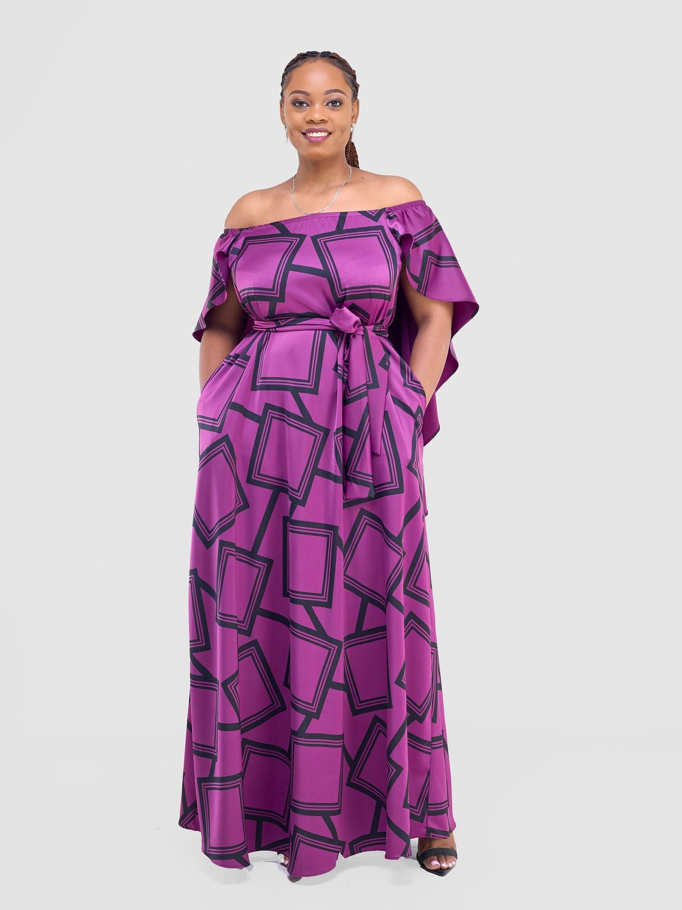 Vivo Amai Off - Shoulder Maxi Dress - Purple / Black Biya Print - Shopzetu