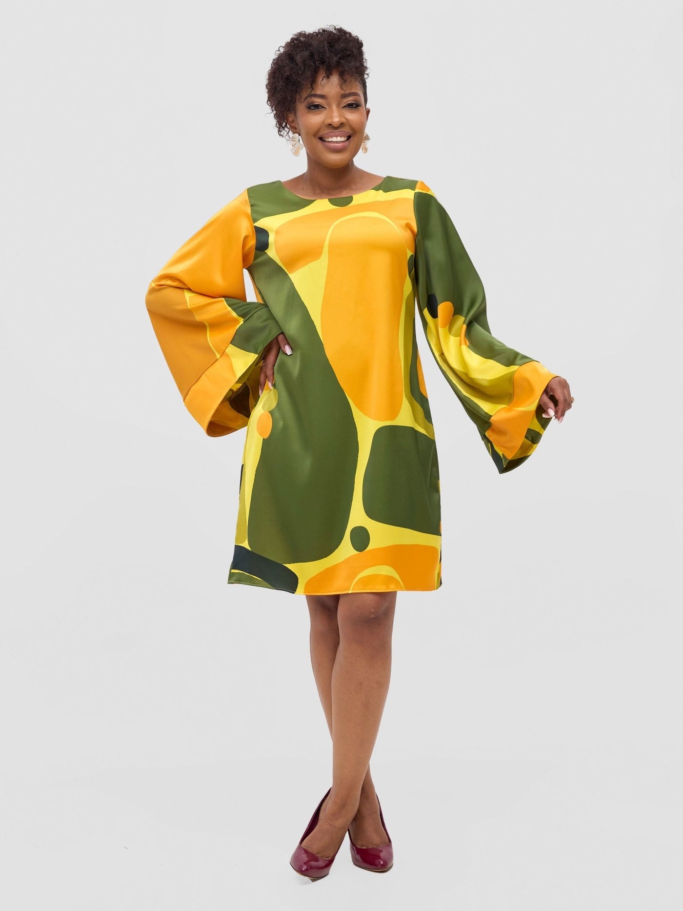 Vivo Kelemi Above Knee Dress - Yellow / Green Waso Print - Shopzetu