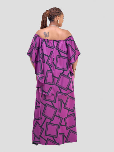 Vivo Amai Off - Shoulder Maxi Dress - Purple / Black Biya Print - Shopzetu