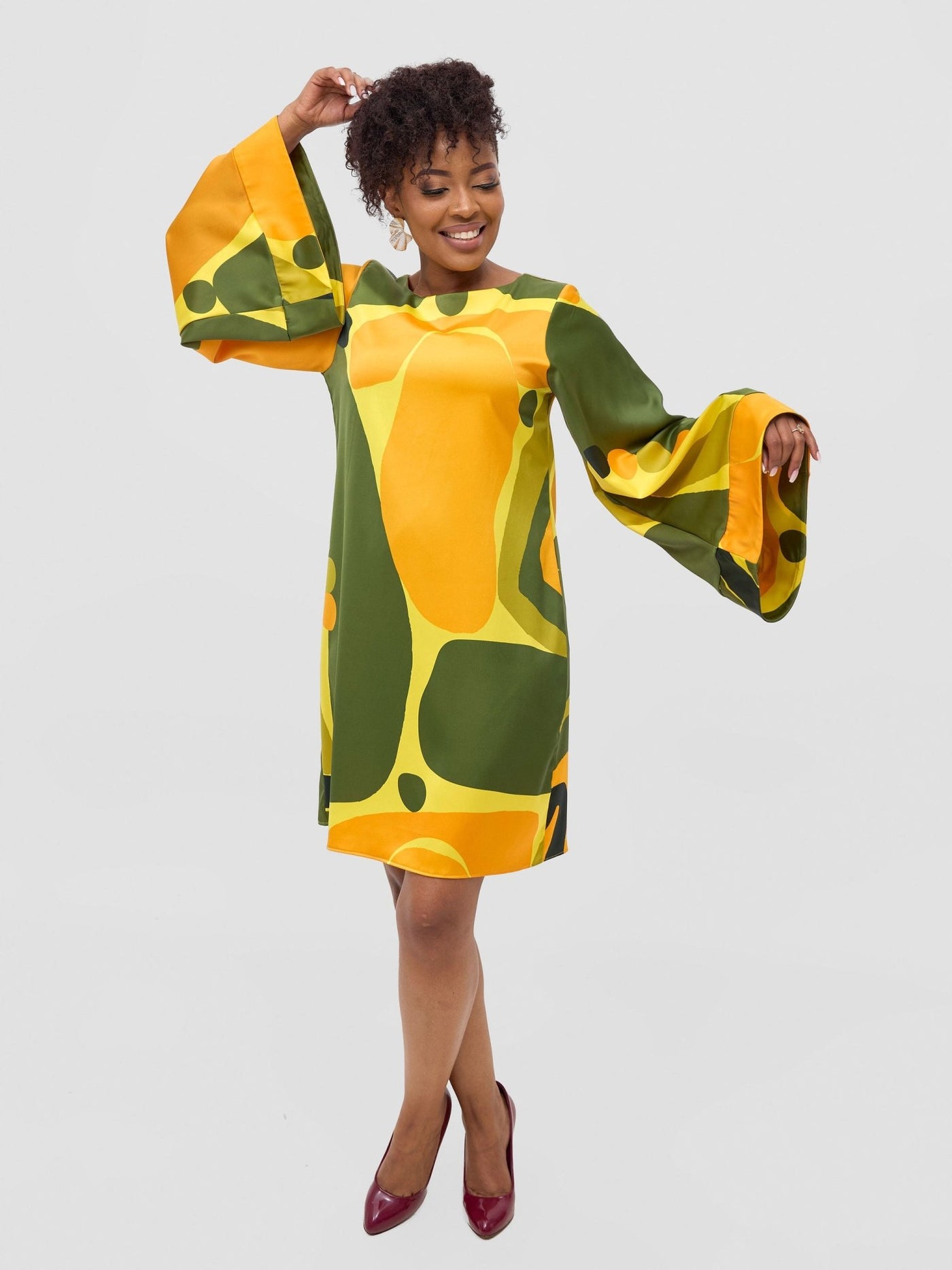 Vivo Kelemi Above Knee Dress - Yellow / Green Waso Print - Shopzetu