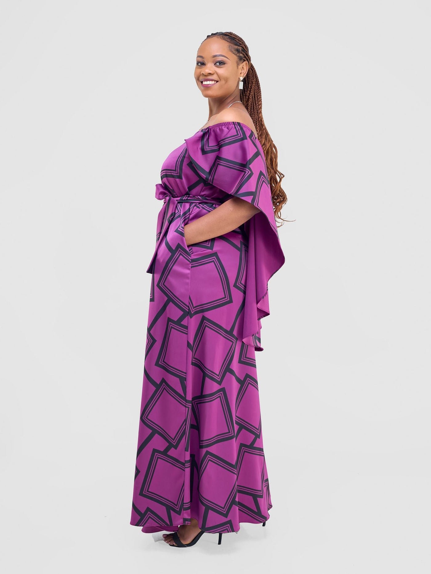 Vivo Amai Off - Shoulder Maxi Dress - Purple / Black Biya Print - Shopzetu