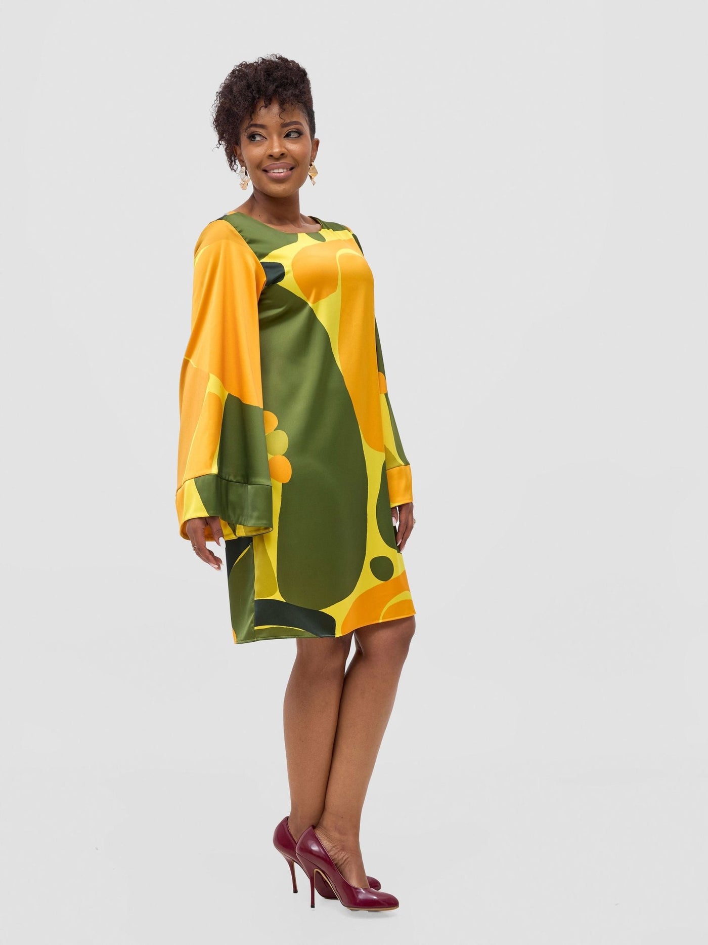 Vivo Kelemi Above Knee Dress - Yellow / Green Waso Print - Shopzetu