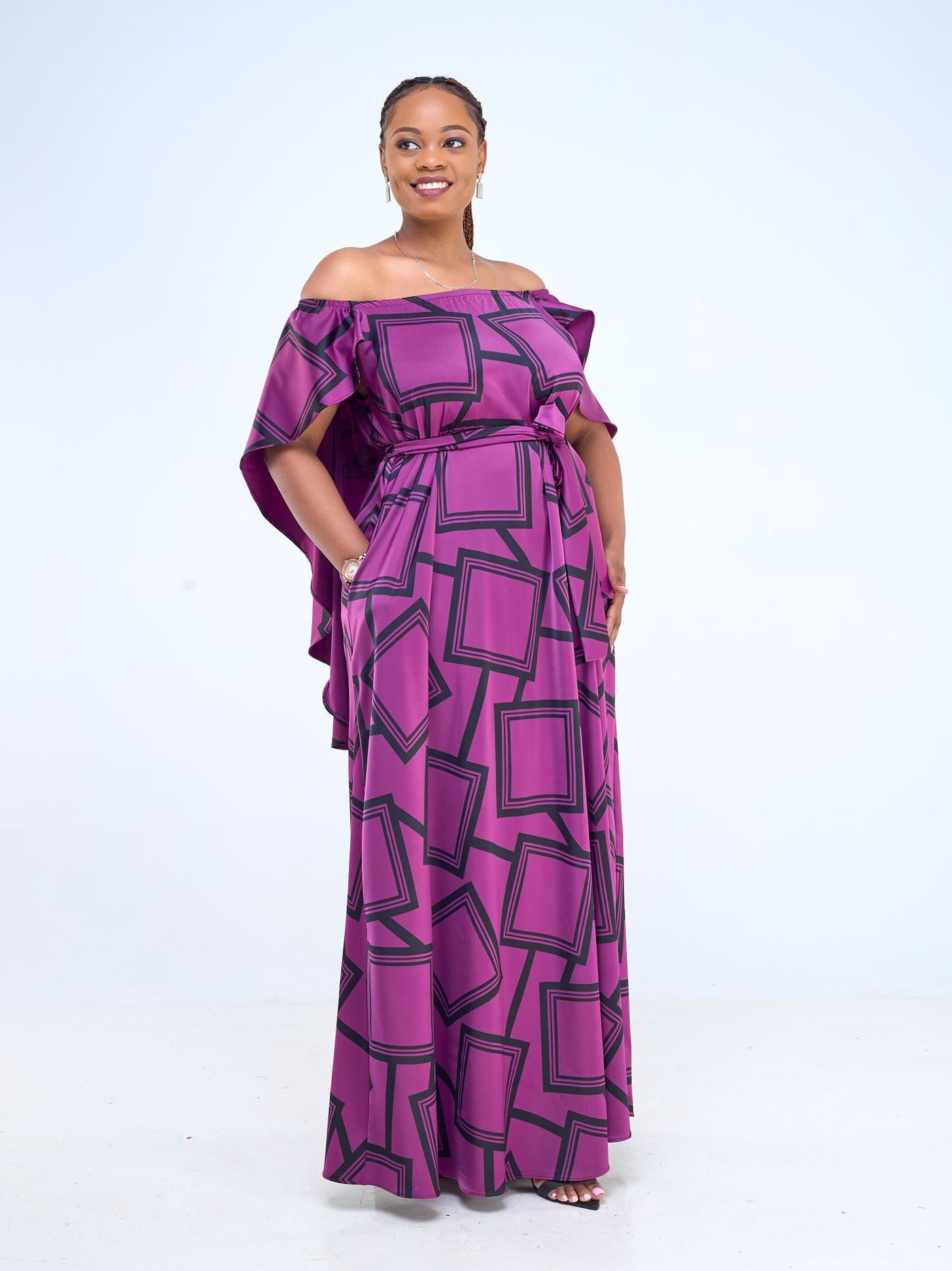 Vivo Amai Off - Shoulder Maxi Dress - Purple / Black Biya Print - Shopzetu