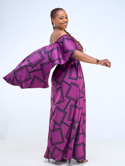 Vivo Amai Off - Shoulder Maxi Dress - Purple / Black Biya Print - Shopzetu