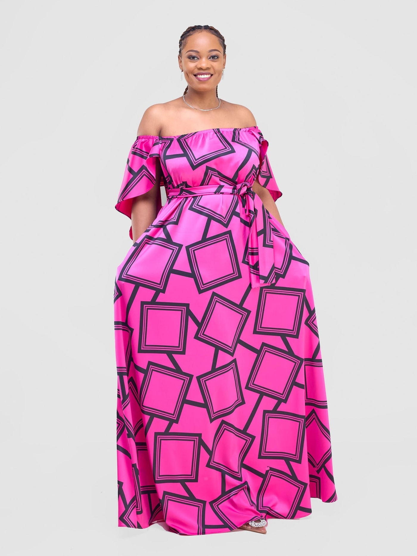 Vivo Amai Off - Shoulder Maxi Dress - Hot Pink / Black Biya Print - Shopzetu