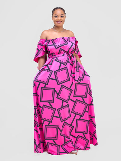 Vivo Amai Off - Shoulder Maxi Dress - Hot Pink / Black Biya Print - Shopzetu