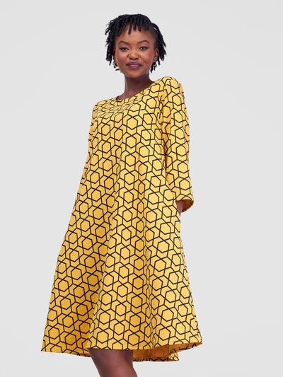 Imara 3/4 Sleeve Tent Dress - Mustard Duku Print - Shopzetu