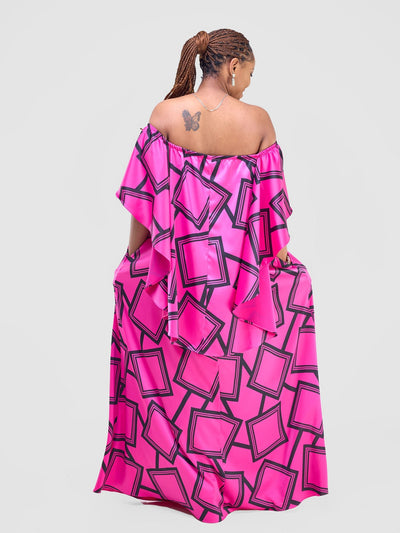 Vivo Amai Off - Shoulder Maxi Dress - Hot Pink / Black Biya Print - Shopzetu