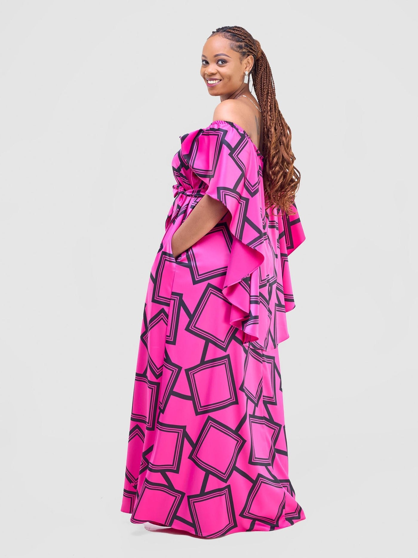 Vivo Amai Off - Shoulder Maxi Dress - Hot Pink / Black Biya Print - Shopzetu