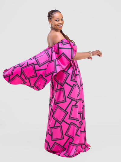 Vivo Amai Off - Shoulder Maxi Dress - Hot Pink / Black Biya Print - Shopzetu