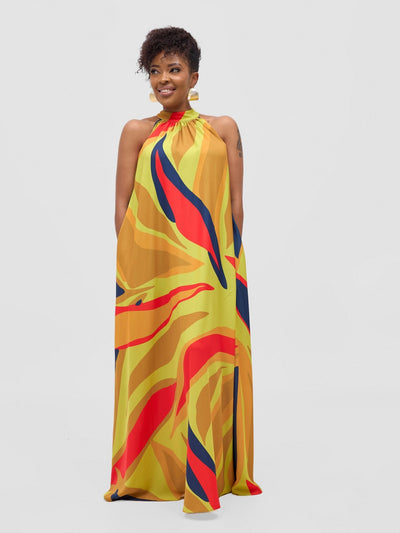 Vivo Kelemi Halter Maxi Dress - Lime / Red Lana Print - Shopzetu