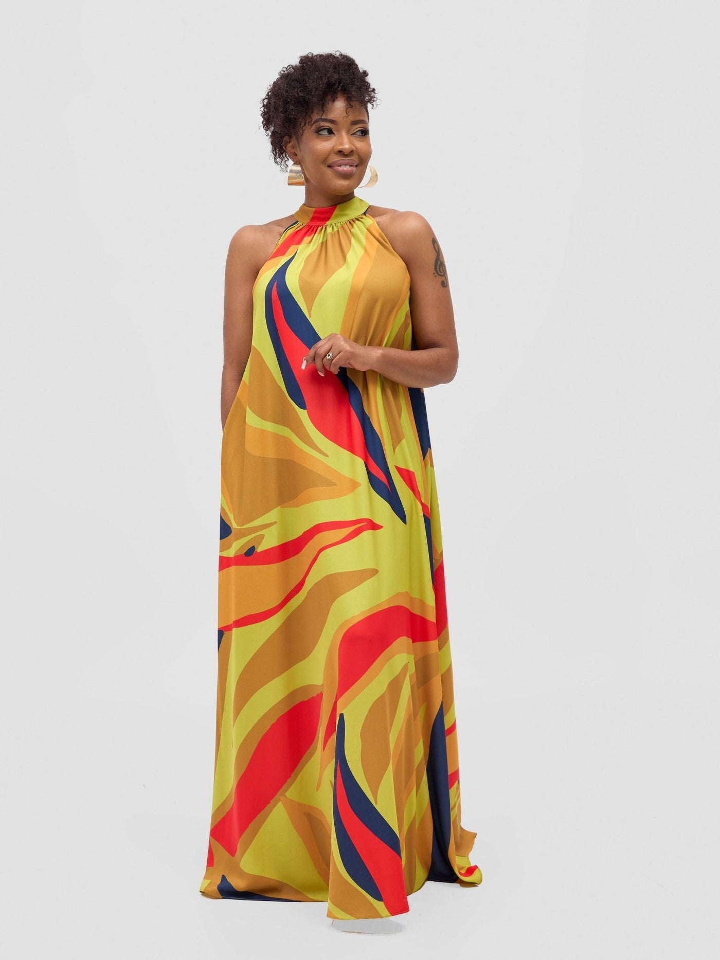 Vivo Kelemi Halter Maxi Dress - Lime / Red Lana Print - Shopzetu