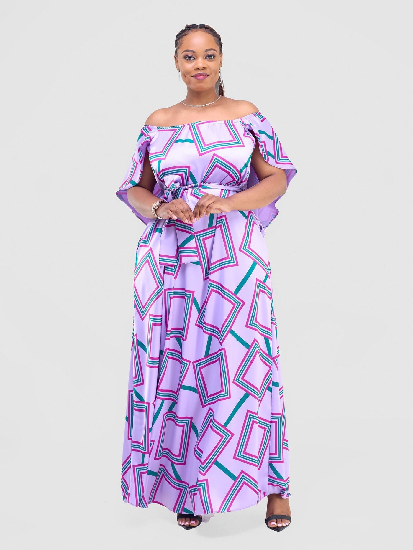 Vivo Amai Off - Shoulder Maxi Dress - Lilac / Green Biya Print - Shopzetu