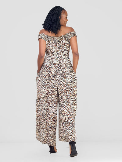 Vivo Alek Shirred Off - Shoulder Jumpsuit - Brown / White Print - Shopzetu