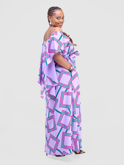 Vivo Amai Off - Shoulder Maxi Dress - Lilac / Green Biya Print - Shopzetu