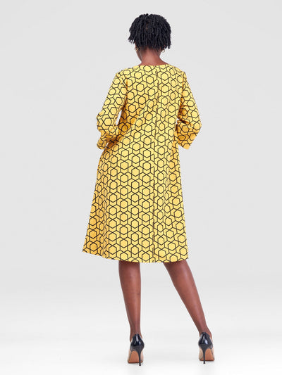Imara 3/4 Sleeve Tent Dress - Mustard Duku Print - Shopzetu