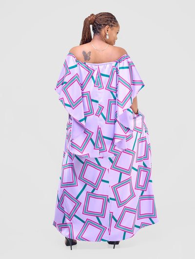 Vivo Amai Off - Shoulder Maxi Dress - Lilac / Green Biya Print - Shopzetu