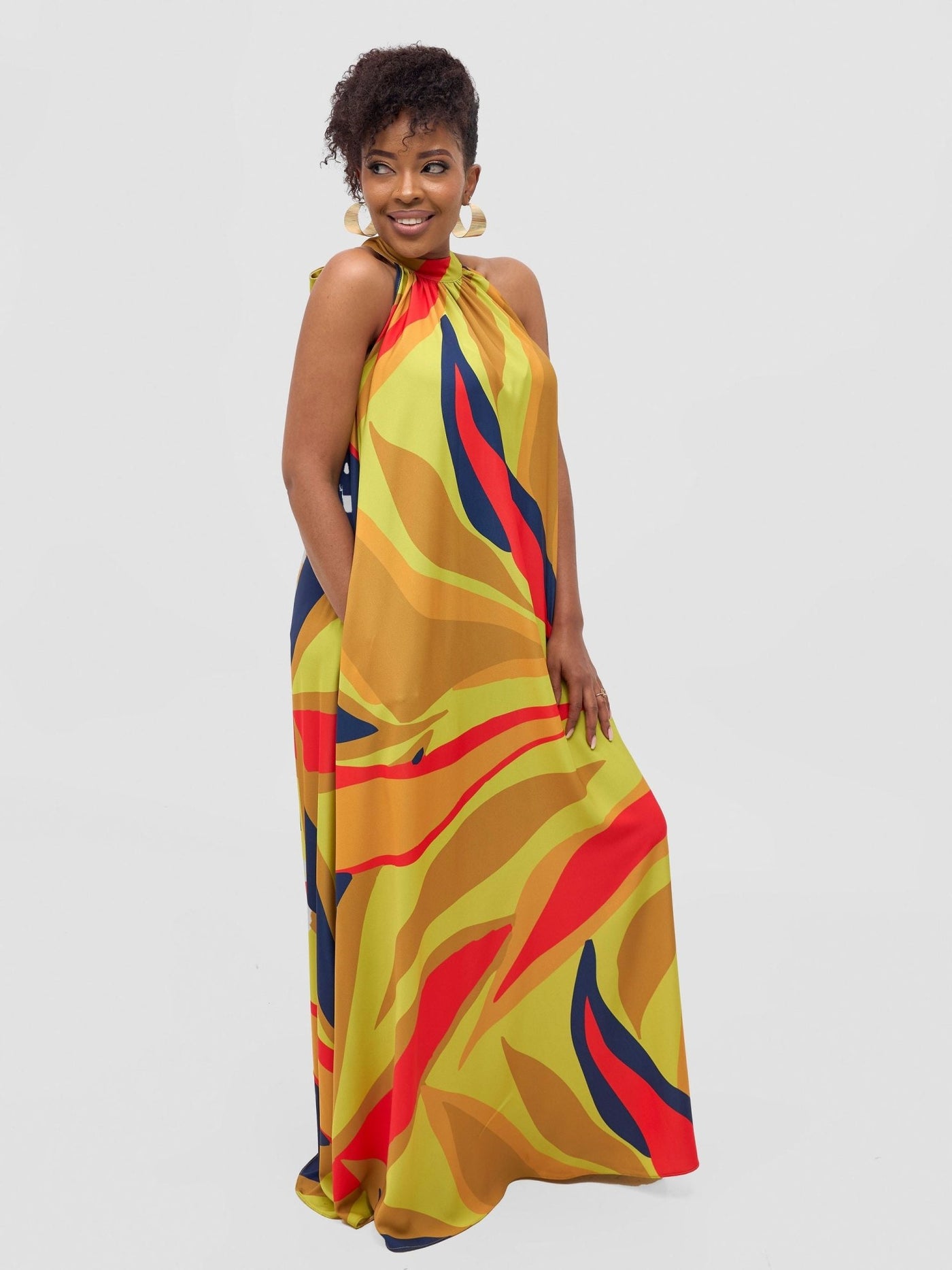 Vivo Kelemi Halter Maxi Dress - Lime / Red Lana Print - Shopzetu