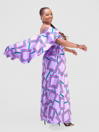 Vivo Amai Off - Shoulder Maxi Dress - Lilac / Green Biya Print - Shopzetu