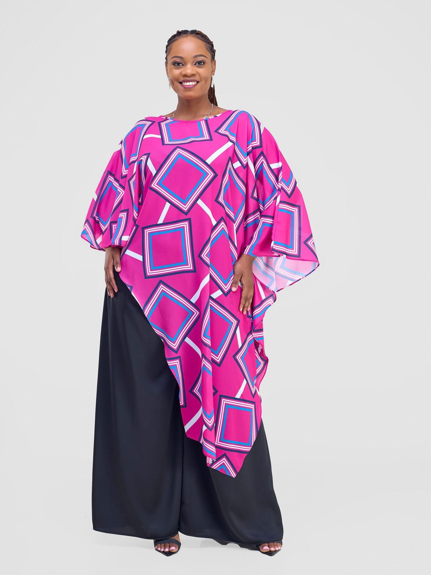 Vivo Amai Asymmetrical Cape - Pink / Blue Biya Print - Shopzetu