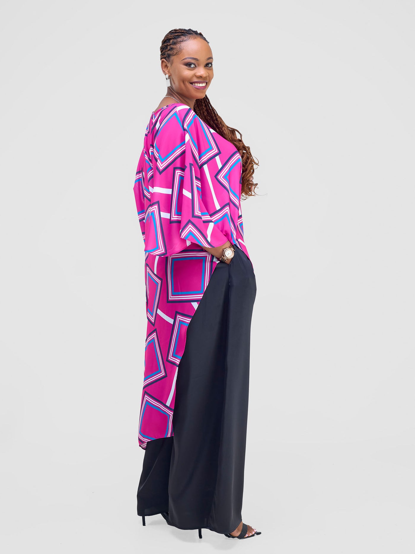 Vivo Amai Asymmetrical Cape - Pink / Blue Biya Print - Shopzetu