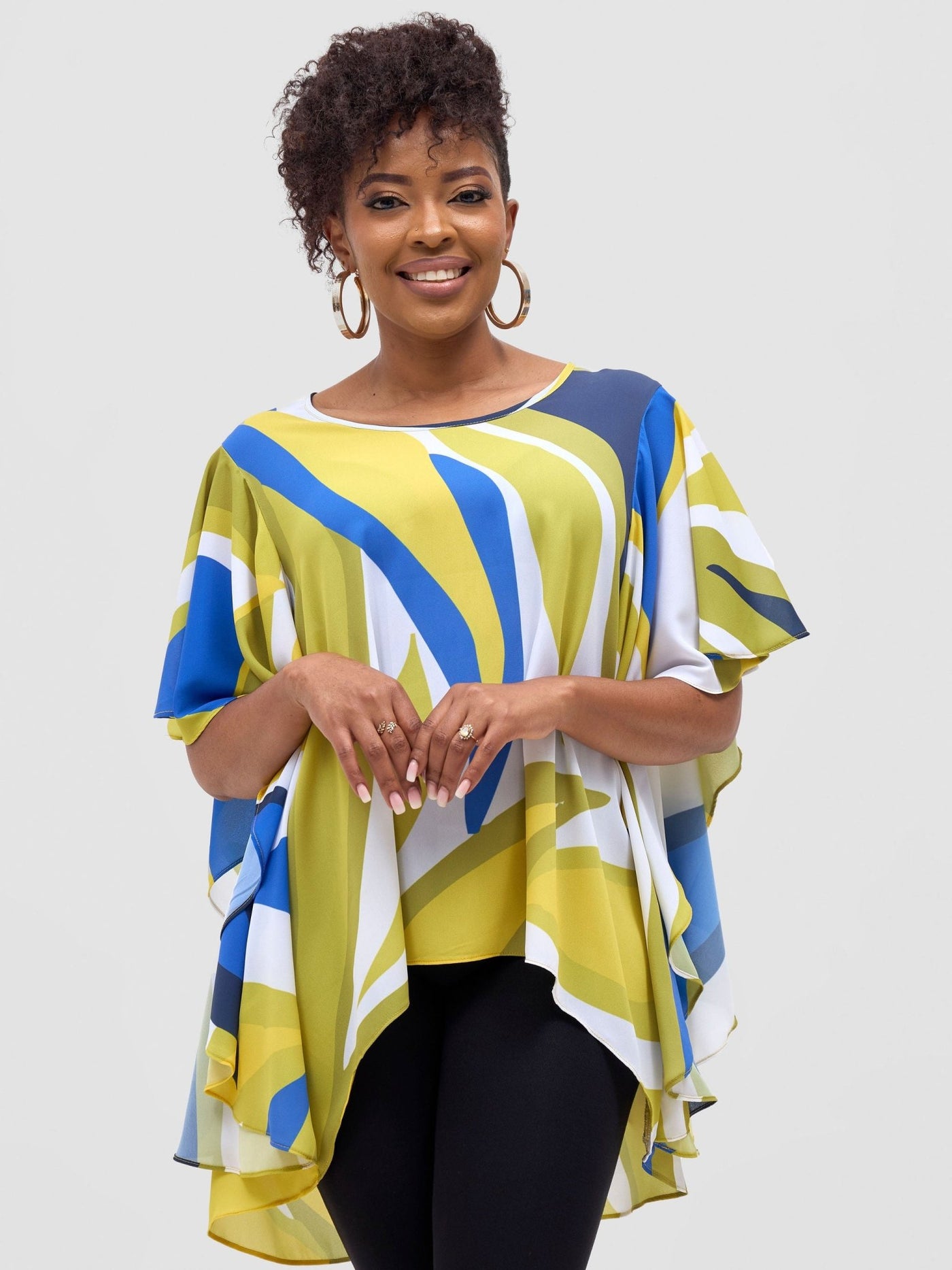 Vivo Kelemi Ruffle Sleeve Top - Royal Blue / Green Lana Print - Shopzetu