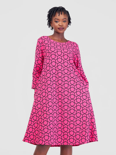 Imara 3/4 Sleeve Tent Dress - Pink Duku Print - Shopzetu