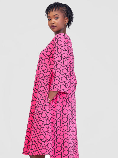 Imara 3/4 Sleeve Tent Dress - Pink Duku Print - Shopzetu