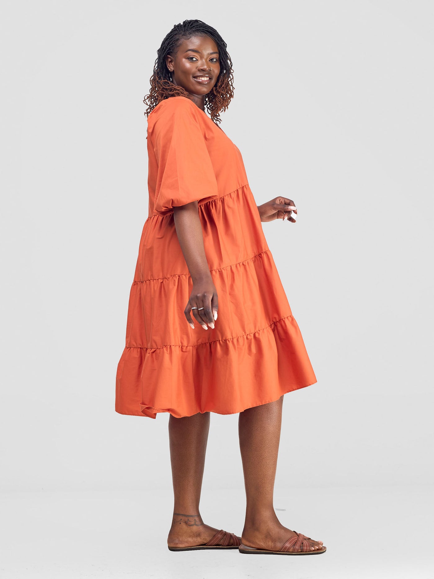 Tawi Bishop Sleeve Tiered Dress - Rust