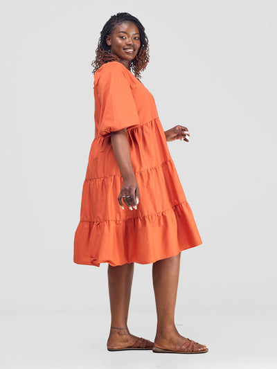 Tawi Bishop Sleeve Tiered Dress - Rust