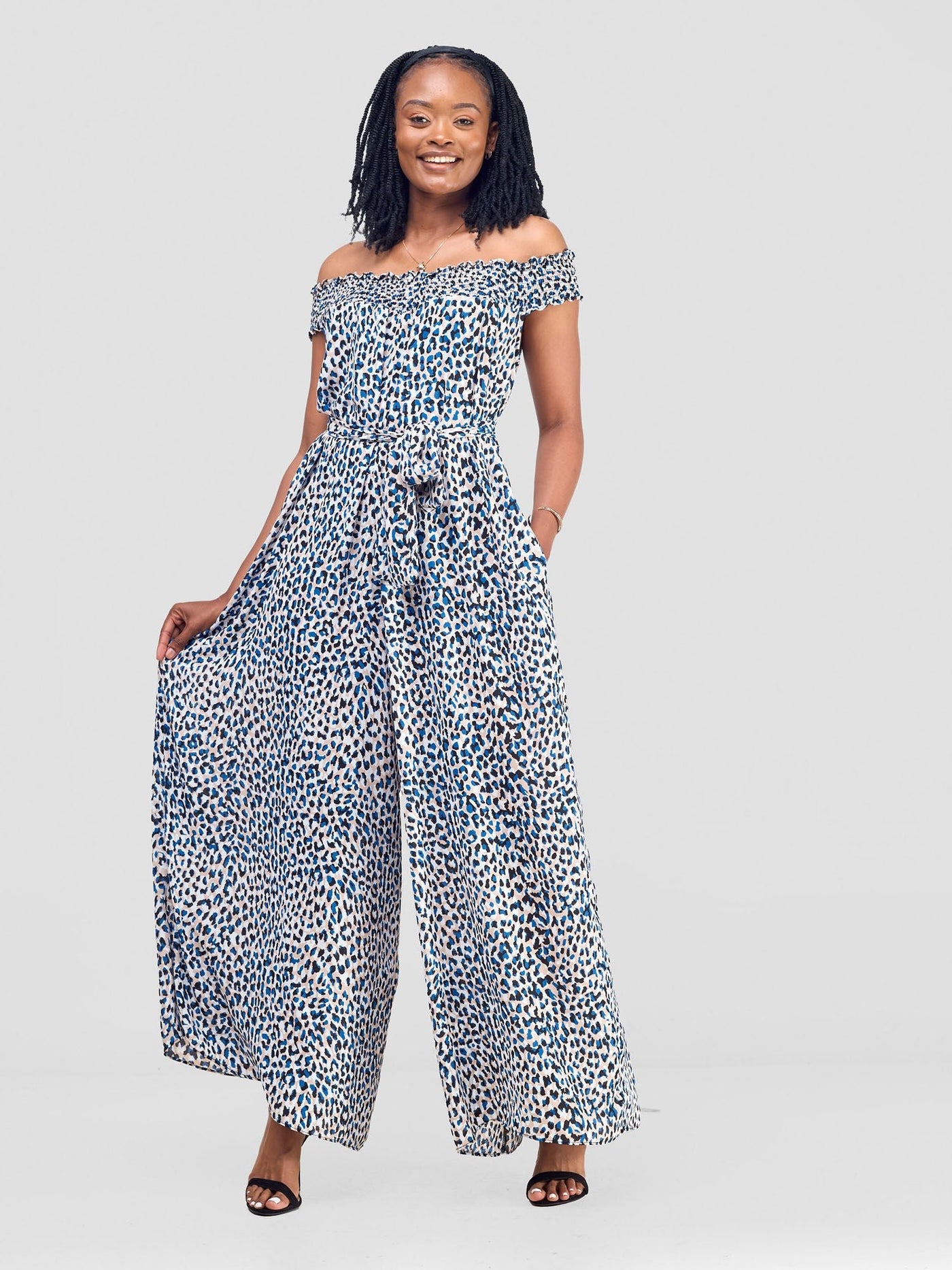 Vivo Alek Shirred Off - Shoulder Jumpsuit - Blue / White Print - Shopzetu