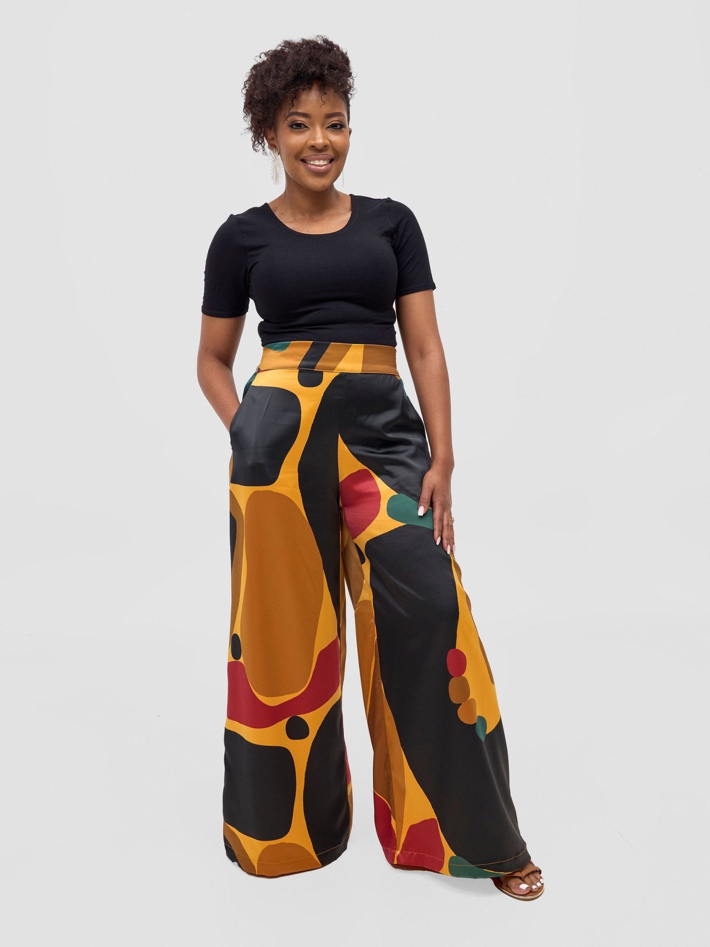 Vivo Kelemi Satin Pants - Mustard / Red Waso Print - Shopzetu