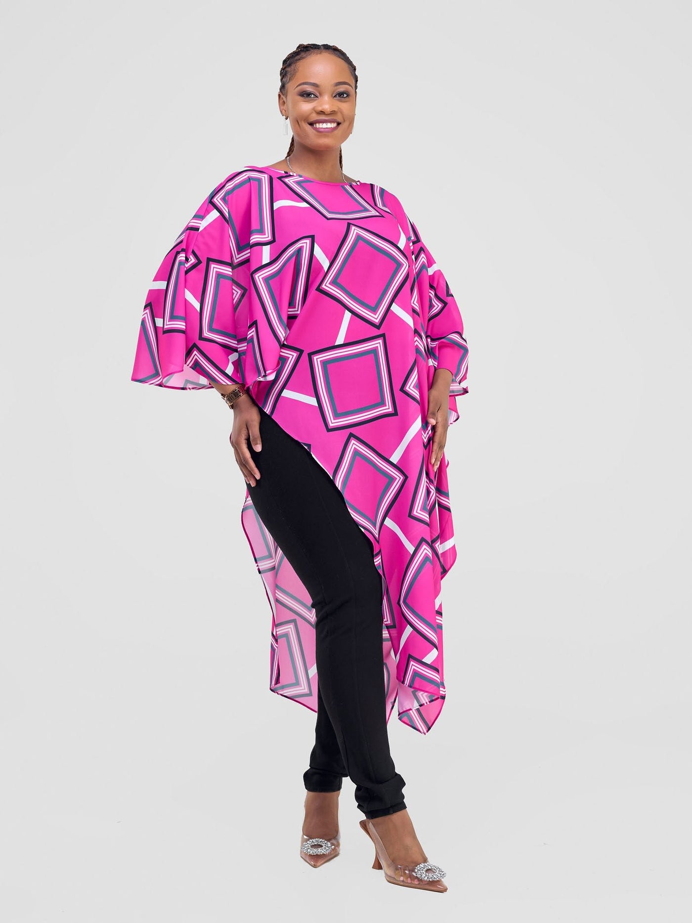 Vivo Amai Asymmetrical Cape - Pink / Blue Biya Print - Shopzetu