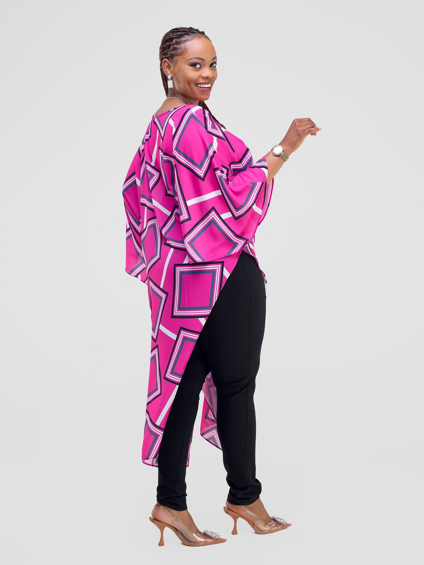 Vivo Amai Asymmetrical Cape - Pink / Blue Biya Print - Shopzetu