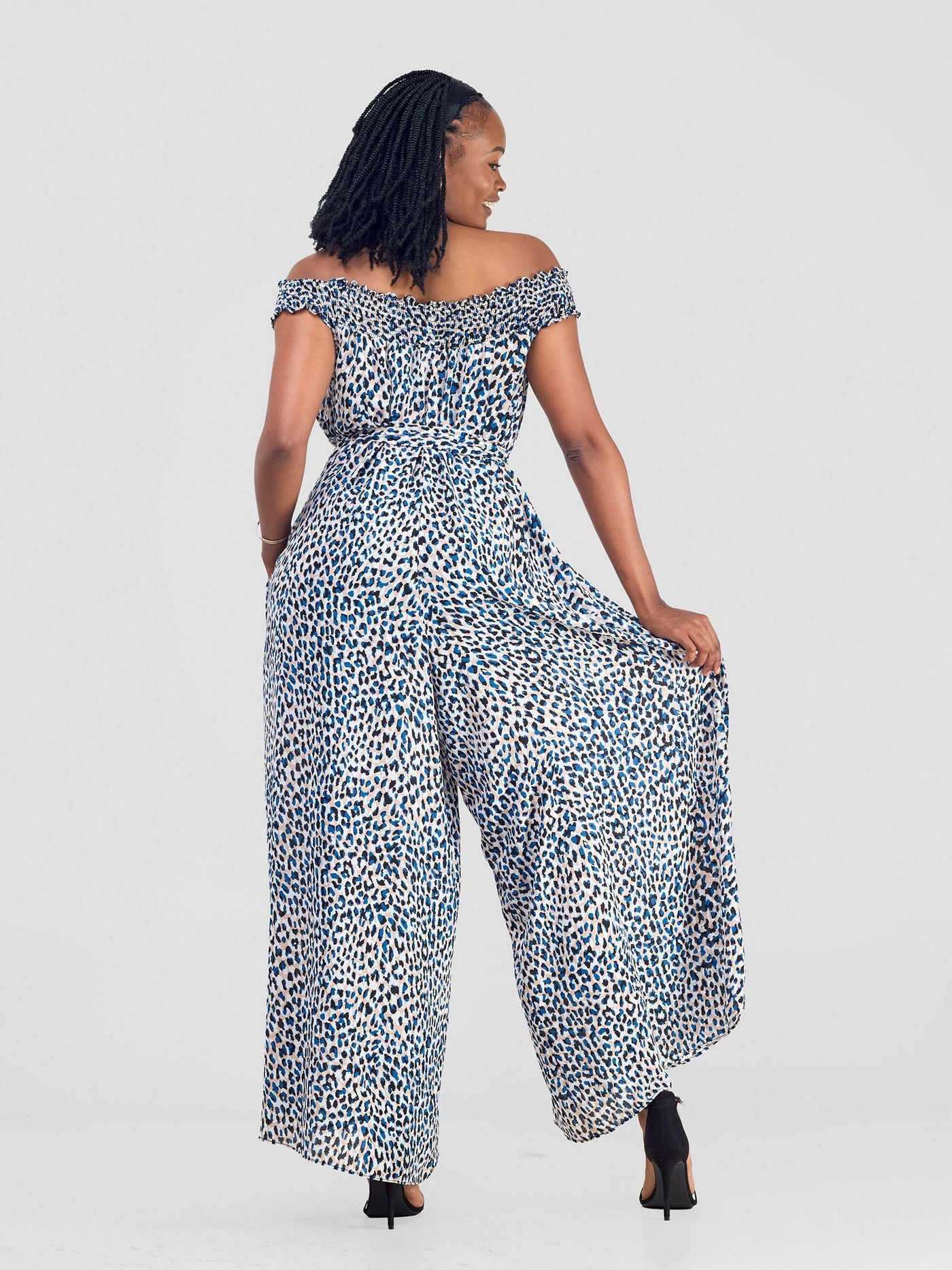 Vivo Alek Shirred Off - Shoulder Jumpsuit - Blue / White Print - Shopzetu