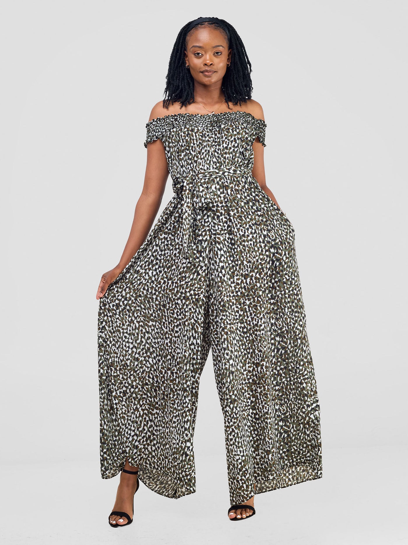 Vivo Alek Shirred Off- Shoulder Jumpsuit - Hunters / White Print