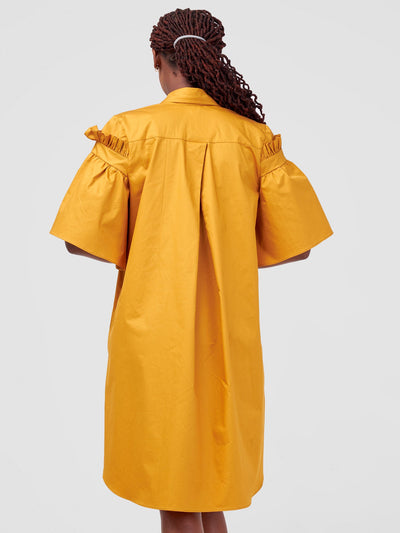 Safari Mali Gathered Flounce Sleeve Shirt Dress - Mustard