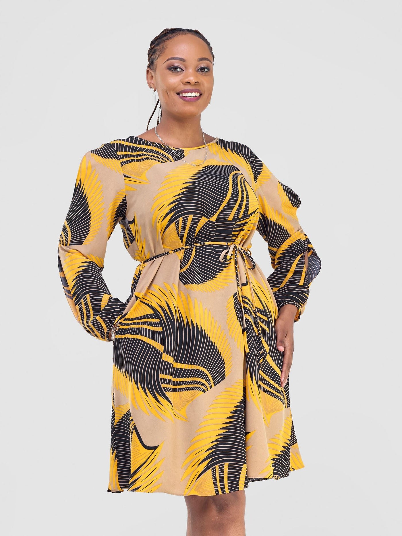 Vivo Tunu Long Slit Sleeve Knee Length Shift Dress - Yellow / Black Kasim Print - Shopzetu