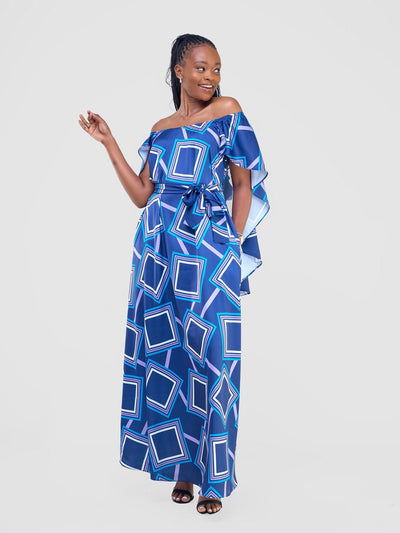 Vivo Amai Off - Shoulder Maxi Dress - Navy / Blue Biya Print - Shopzetu